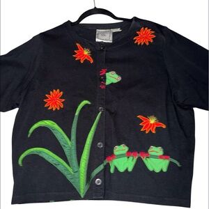 Michael Simon Black Cardigan with Green and Orange Design